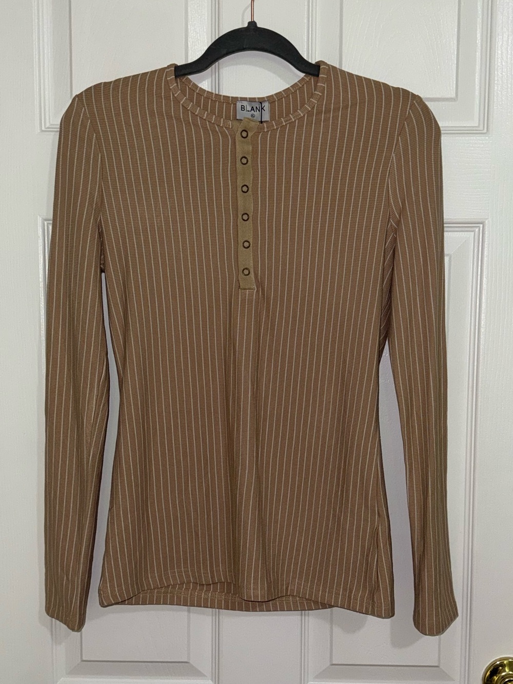 Dress Blank Women's Long Sleeve Henley Top in Tan Stripe